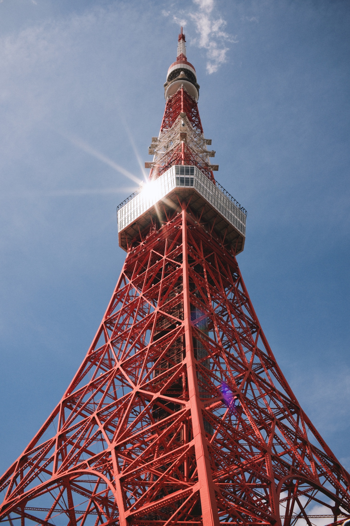 Tokyo Tower rossa fotografata dal basso contro il cielo azzurro